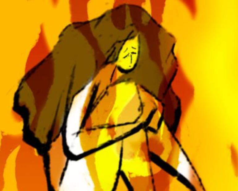 A scared woman with a fire background