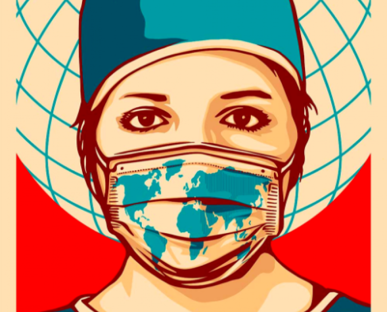  A nurse wearing a mask with the drawing of the world map. Behind her is a globe and the text 'THANK YOU' is written at the bottom of the poster
