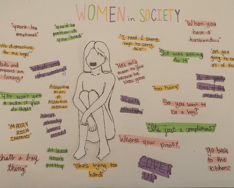  A girl surrounded by things society says to and about women.