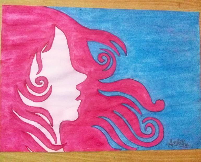 An art piece of Ankitha. A beautiful illustration of a female with pink hair and blue background. 