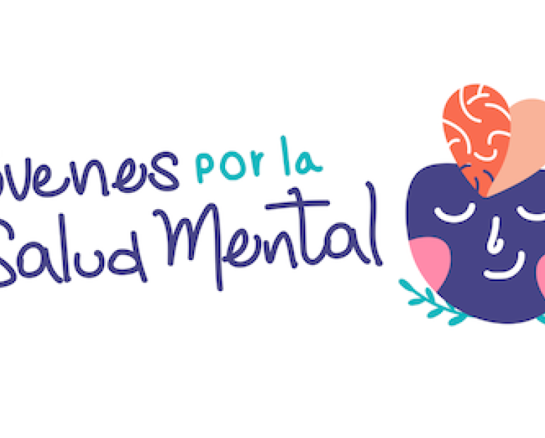 Logo con el texto "Jóvenes por la salud mental" y un dibujo de una cara con un corazón encima de la cabeza que es medio cerebro.