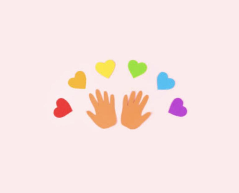 Hands surrounded by hearts.