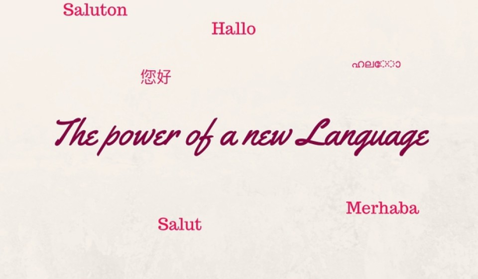 The photo contains the sentence "The Power of a New Language" in the middle, and the word "Hello" in different languages. 