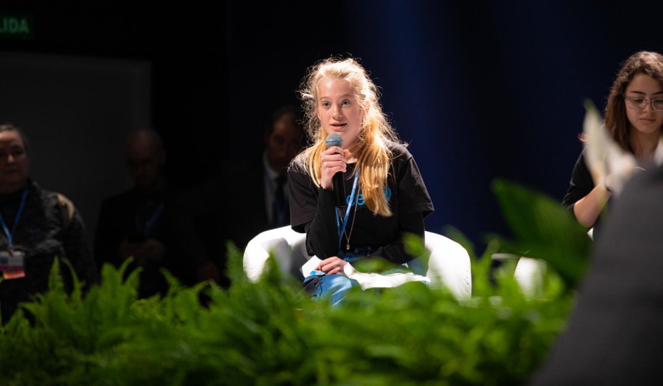 Penelope Lea, climate activist, in a panel discussion during the High-level Event on Climate Change and Children Rights, part of the 2019 UN Climate Change Conference (COP 25) in Madrid, Spain.