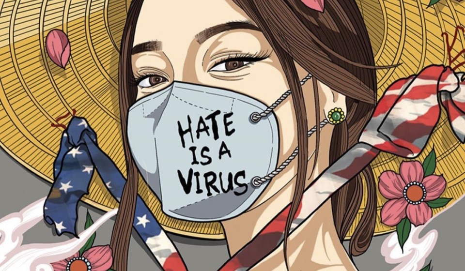 An Asian woman wearing a conical hat. The strap of her hat is colored as the American flag. She is surrounded by pink flowers and has a dragon tattoo on her right arm. She is wearing a mask that says 'Hate Is A Virus'. 