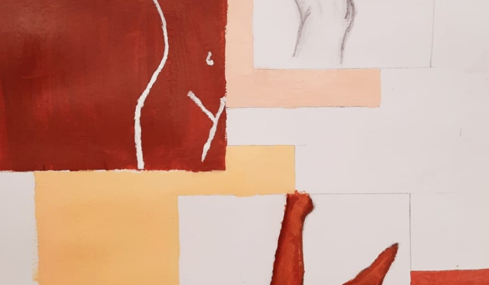 A somewhat aesthetic painting, of a woman's anatomy, in three different boxes.