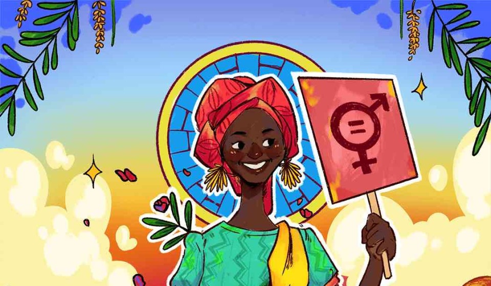 An illustration of Adama where she is holding a sign that includes the gender equality symbol.