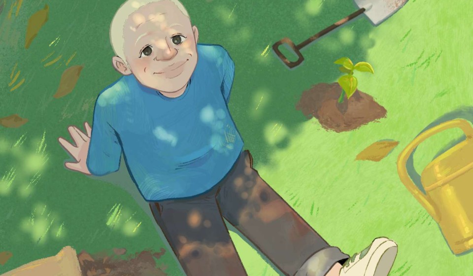 An illustration of Emmanuel sitting on the ground, with a shovel next to him.