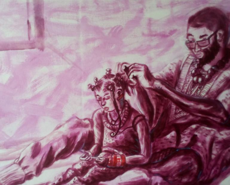 A painting of a man braiding a girl's hair.