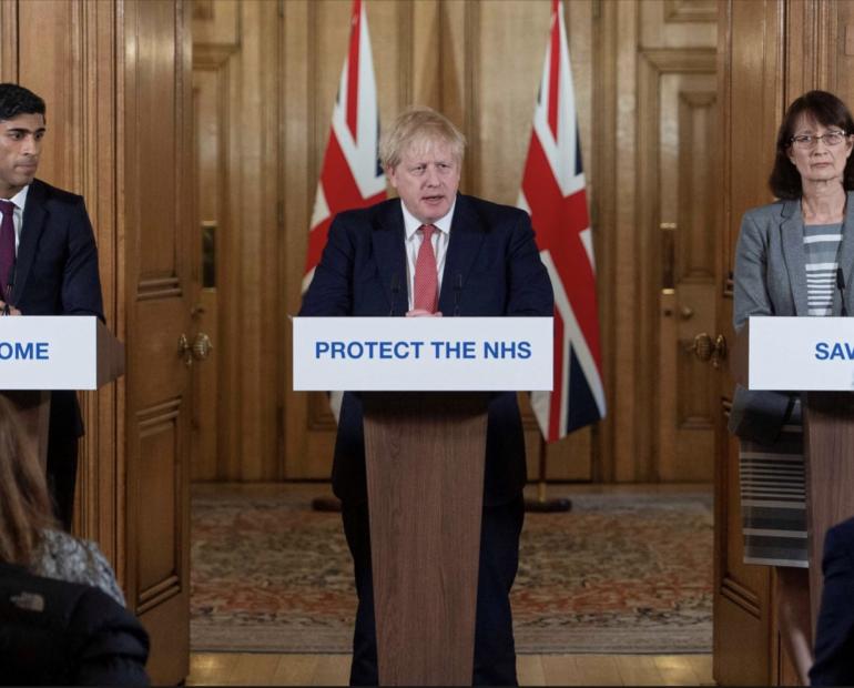Boris Johnson holds a news conference with the Chancellor, Rishi Sunak and the Chief Medical Officer, Dr Jenny Harries