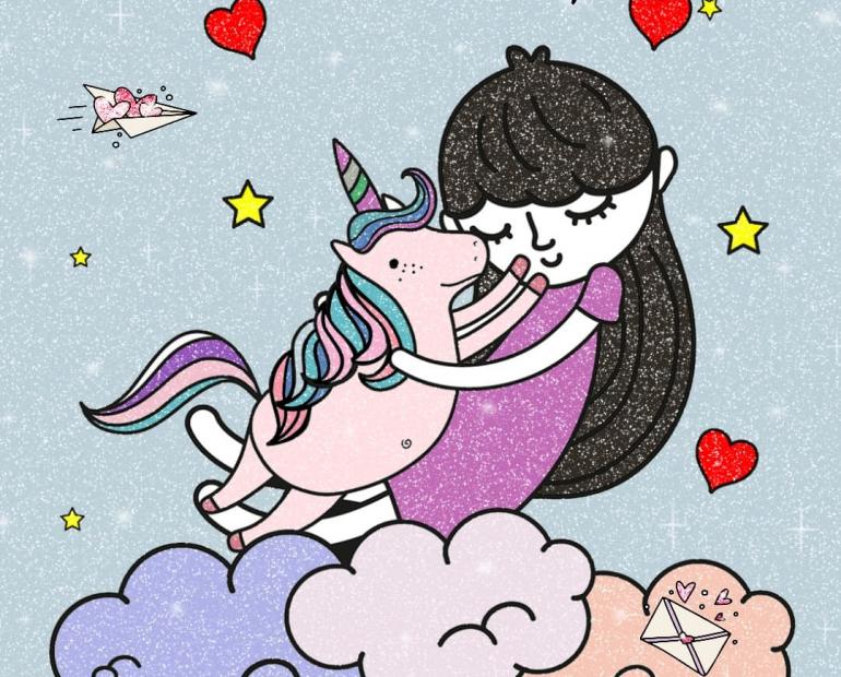 A girl and an unicorn are hugging each other