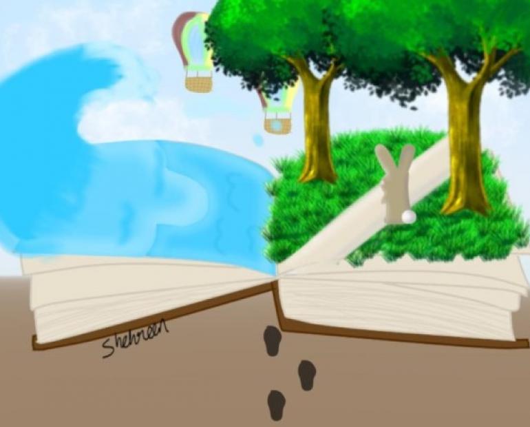 Open book with water and trees on it