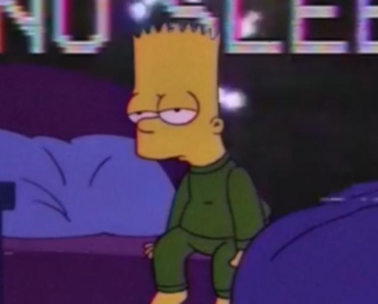 Bart Simpson, the cartoon, sitting on the bed looking sleep deprived with the text "no sleep" behind him