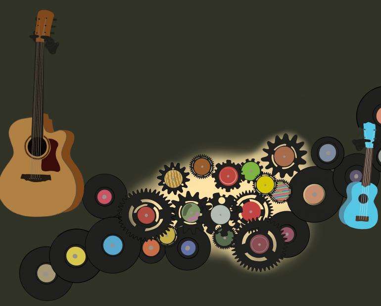 A drawing. From left to right- a classic wood guitar propped up on the wall. vinyl records, gears with song names lit up with a lamp behind, more vinyl records, a blue ukulele propped up on the floor.