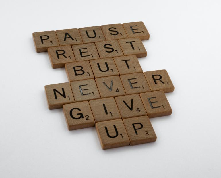 scramble pieces with writing, pause rest but never give up