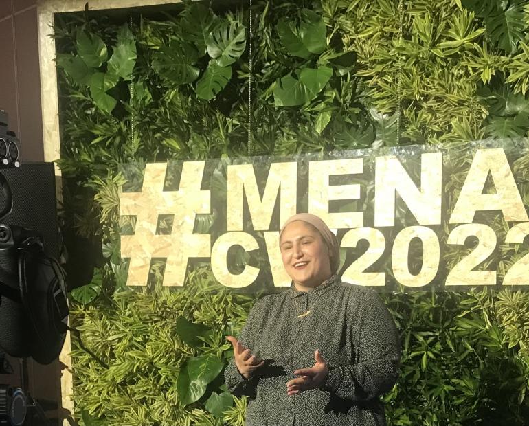 Rand speaking to camera at MENA Climate Week