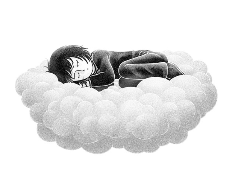An illustration of a child sleeping on what looks like a cloud