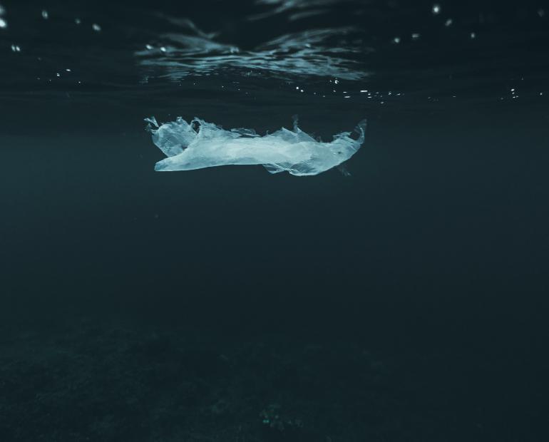 Piece of plastic floating in dark sea water. 