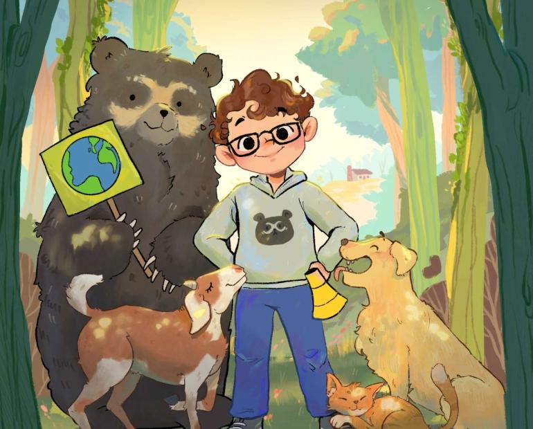 Illustration of Francisco in a forest surrounded by a bear, a goat, a cat. The bear is holding a placard with an illustration of the Earth.