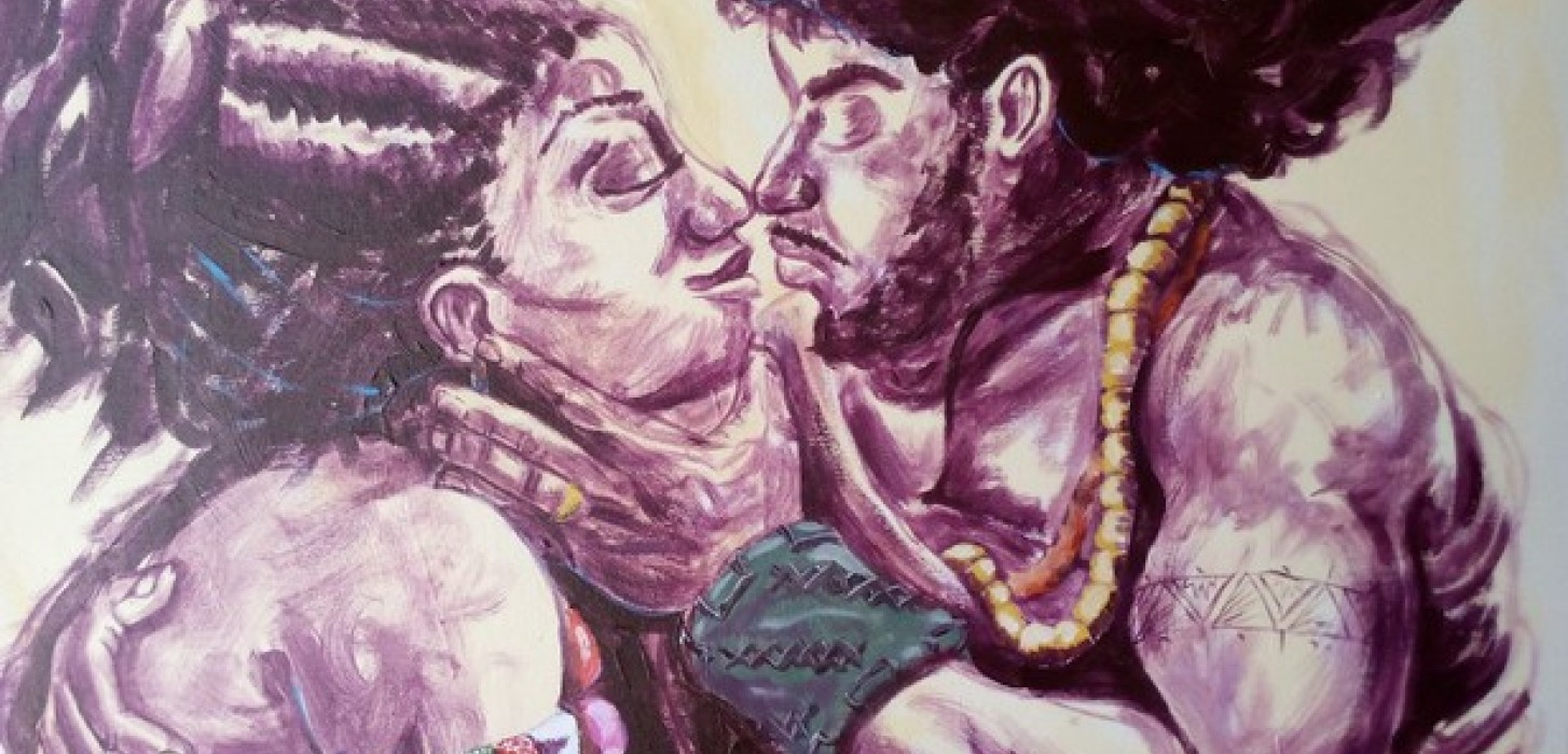 A painting of a man and a woman kissing