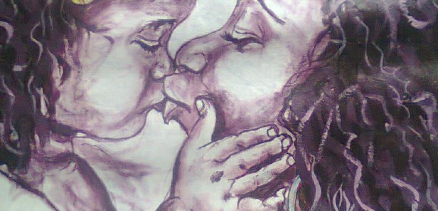A painting of a mother and daughter sharing a kiss.