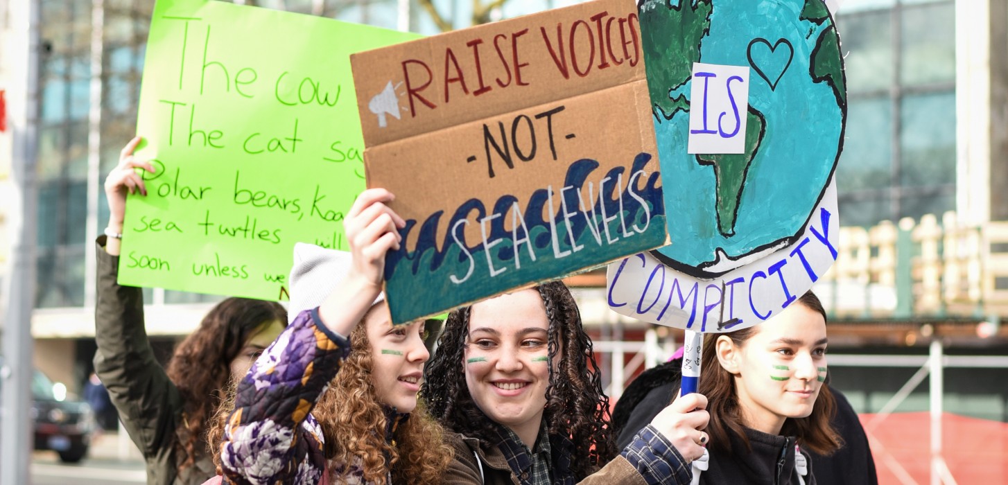 Young people at a Fridays For Future strike outside the UN headquarters in New York