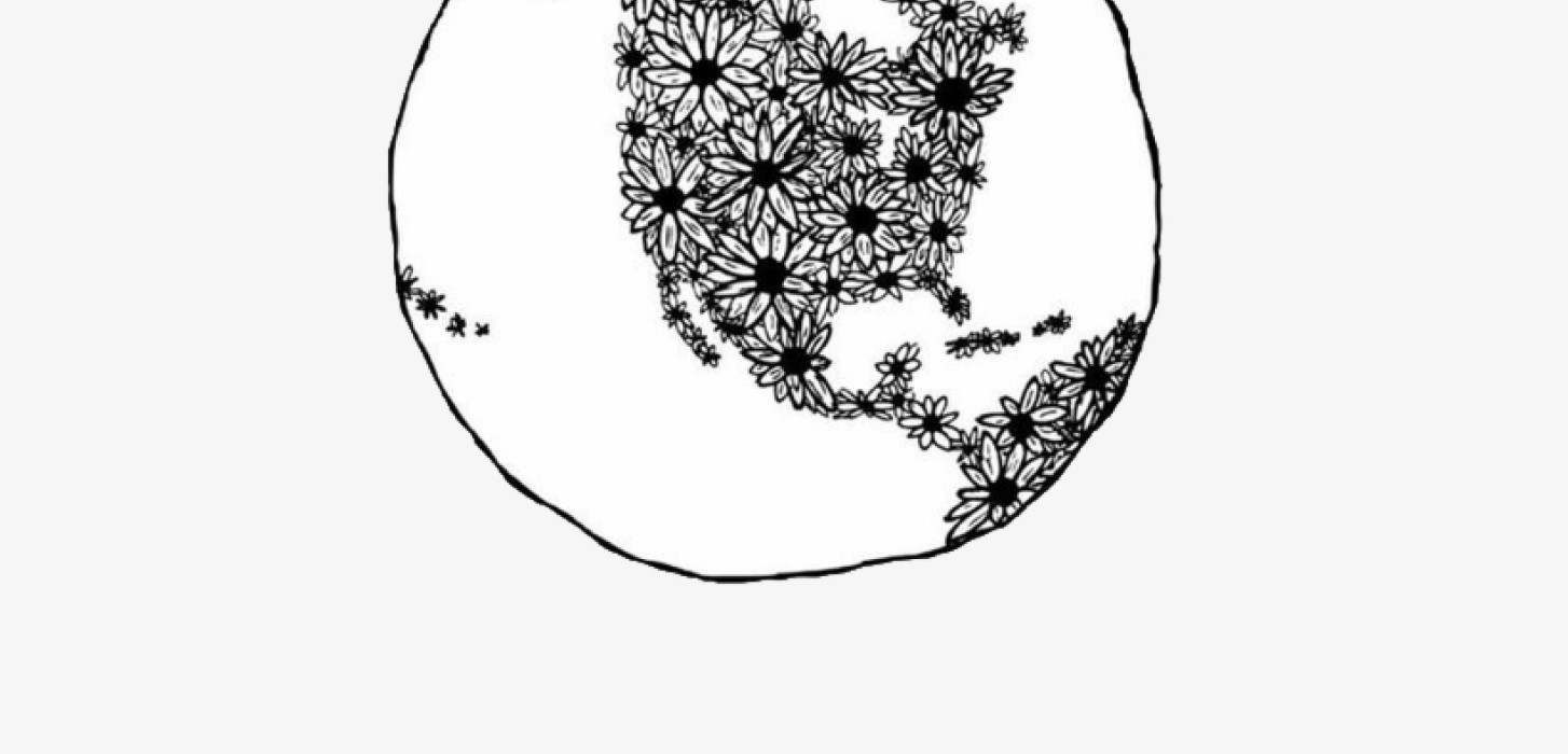 a drawing of the earth in black and white and it is full of flowers