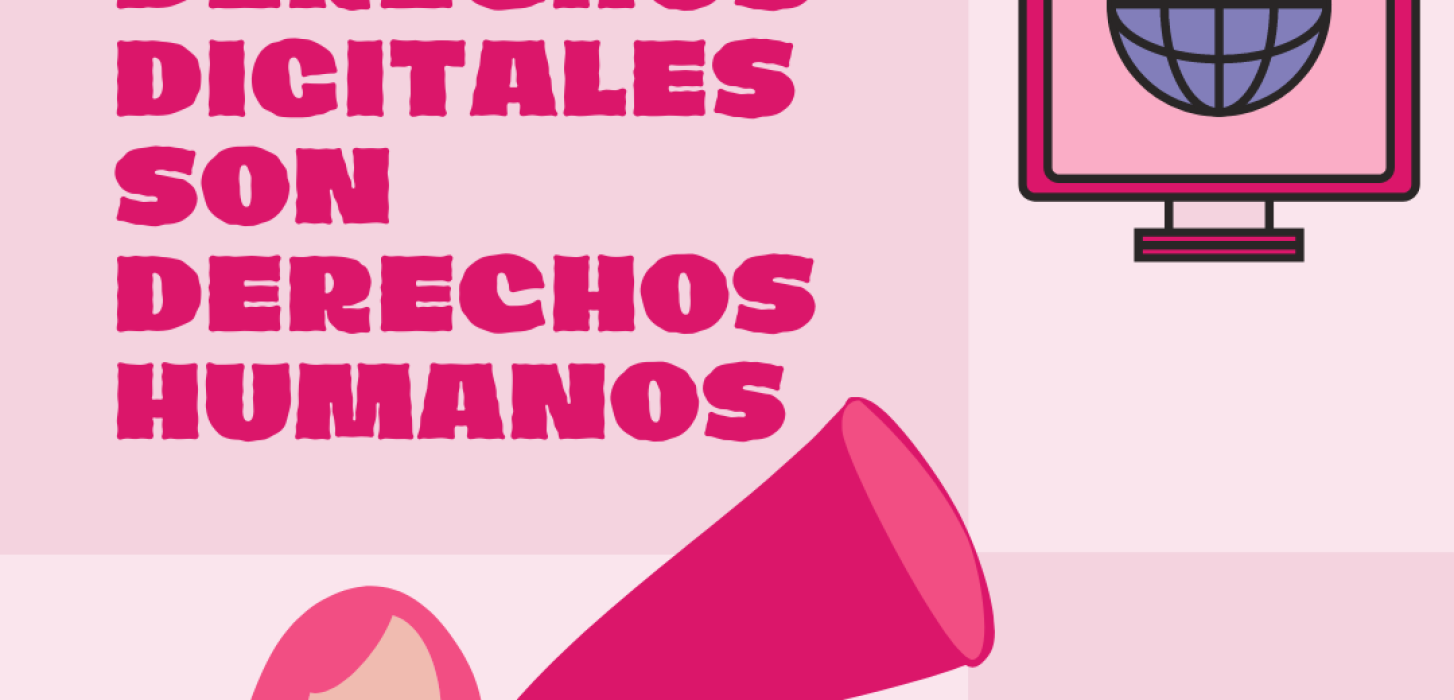 Imagen con tonos rosados, que dice en grande "los derechos digitales son derechos humanos".