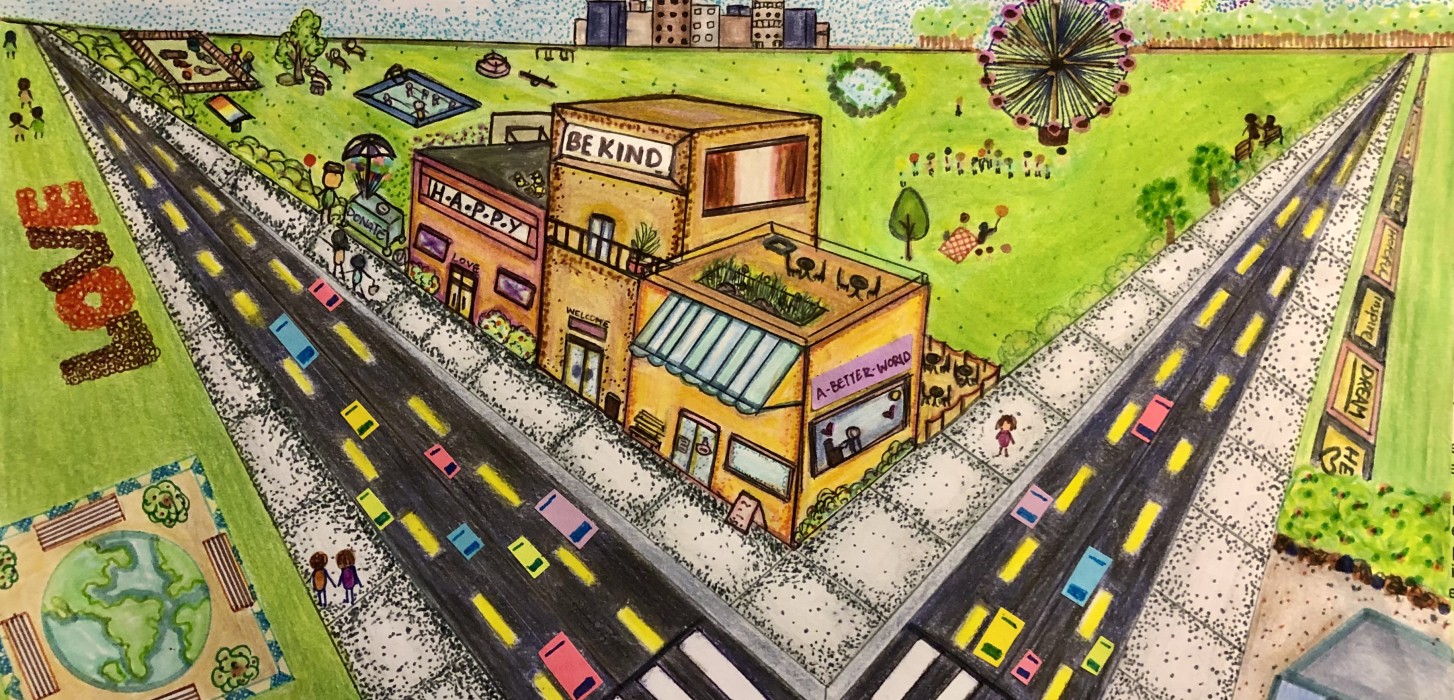A colourful drawing of a city from an ariel perspective which shows a park and some stores with signs promoting kindness.