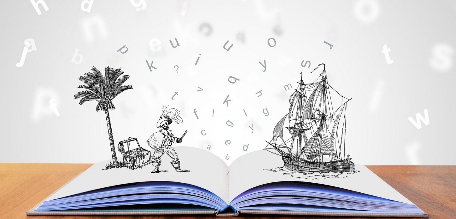 Book with illustrations and letters coming out of the page, showing the story coming to life.