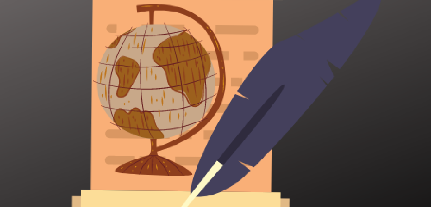 The words "The World: Our Museum" accompanied by a quill and scroll with a globe on the scroll.