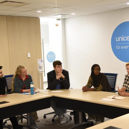 UNICEF Deputy Executive Director Karin Hulshof meets with Youth Advocates to discuss their contributions and goals during the General Assembly in New York.