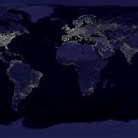 Satellite image showing Earth's city lights at night. 