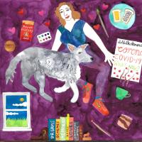 A young woman with orange-brown hair and a grey dog surrounded by objects including books, paint brushes, a cup, a cookie, a coffie bag, a window, a newspaper, a plate with bread and love hearts
