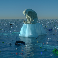  A polar bear standing on the last piece of iceberg surrounded by plastic. Demonstrates the effects of global warming. 