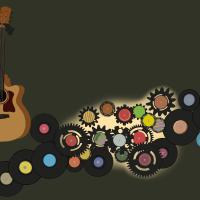 A drawing. From left to right- a classic wood guitar propped up on the wall. vinyl records, gears with song names lit up with a lamp behind, more vinyl records, a blue ukulele propped up on the floor.