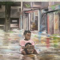 The artwork talk about climate change in Nigeria and how many parents suffer inside flood to save their child