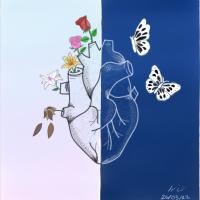 A digital art of a heart, half in the light (with flowers) and half in the dark(with butterflies)