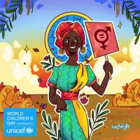 An illustration of Adama where she is holding a sign that includes the gender equality symbol.