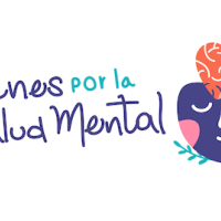 Logo con el texto "Jóvenes por la salud mental" y un dibujo de una cara con un corazón encima de la cabeza que es medio cerebro.