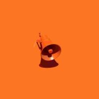 An orangde loudspeaker, on an orange background.