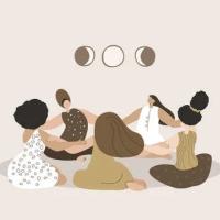 Clip art of 5 women sitting under the moon joining hands. 