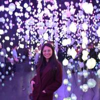 I am standing at an art exhibition where there are many lights hanging from the ceiling, the picture has purple tones and I am wearing a dark red coat.